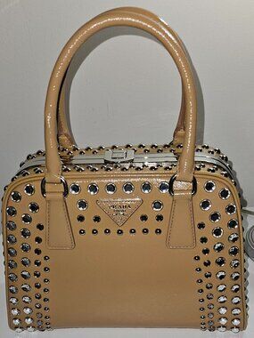 Prada Saffiano Vernice Frame Crystal Studded Handbag